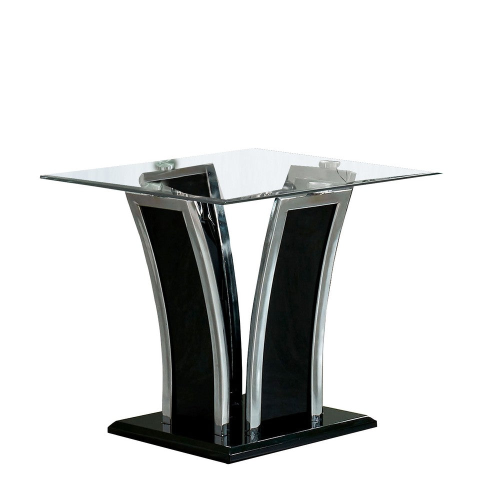 Chrome Trim Flared Base End Table with Glass Top, Black and Silver - BM208097