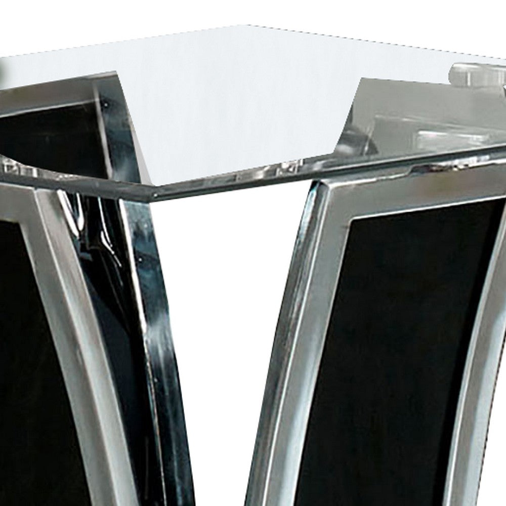 Chrome Trim Flared Base End Table with Glass Top, Black and Silver - BM208097