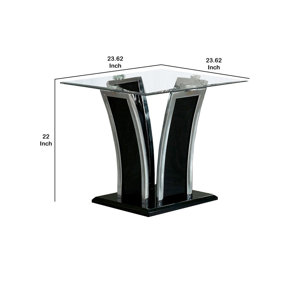 Chrome Trim Flared Base End Table with Glass Top, Black and Silver - BM208097
