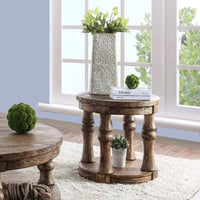 Transitional Round End Table with Open Shelf and Turned Legs,Antique Oak - BM208118