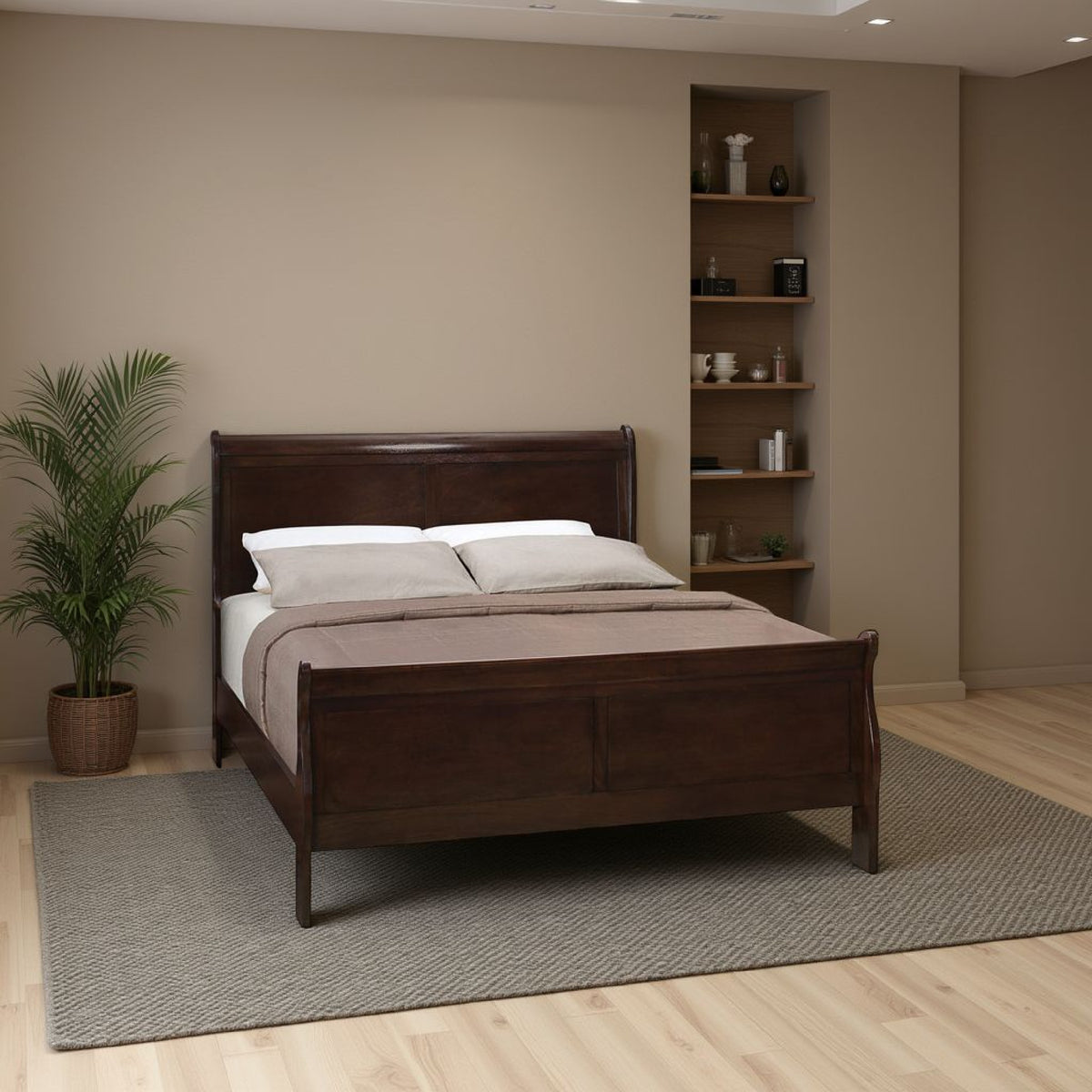 Traditional Style Wooden Full Size Bed with Curved Headboard, Brown