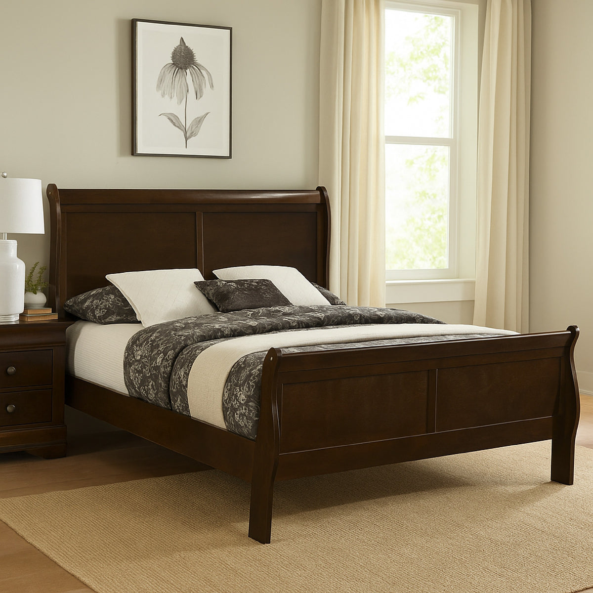 Traditional Style Wooden Queen Size Bed with Curved Headboard, Brown