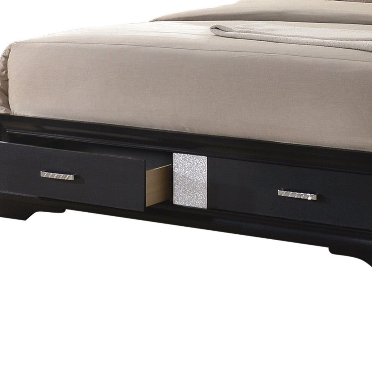 Transitional 2 Drawer Wooden Queen Size Bed with Glitter Stripe, Black