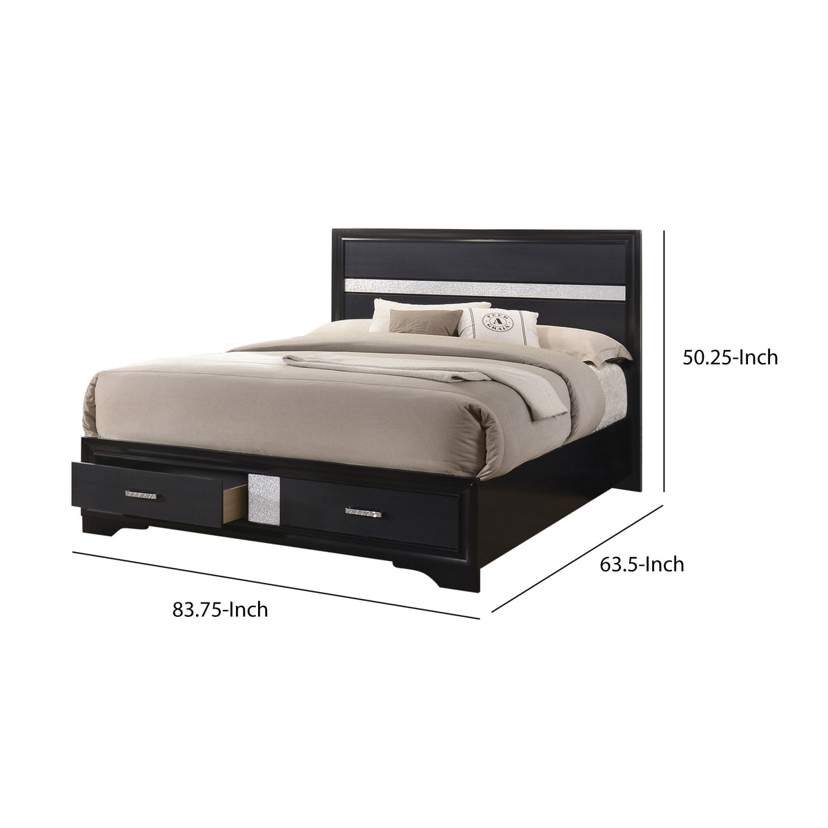 Transitional 2 Drawer Wooden Queen Size Bed with Glitter Stripe, Black