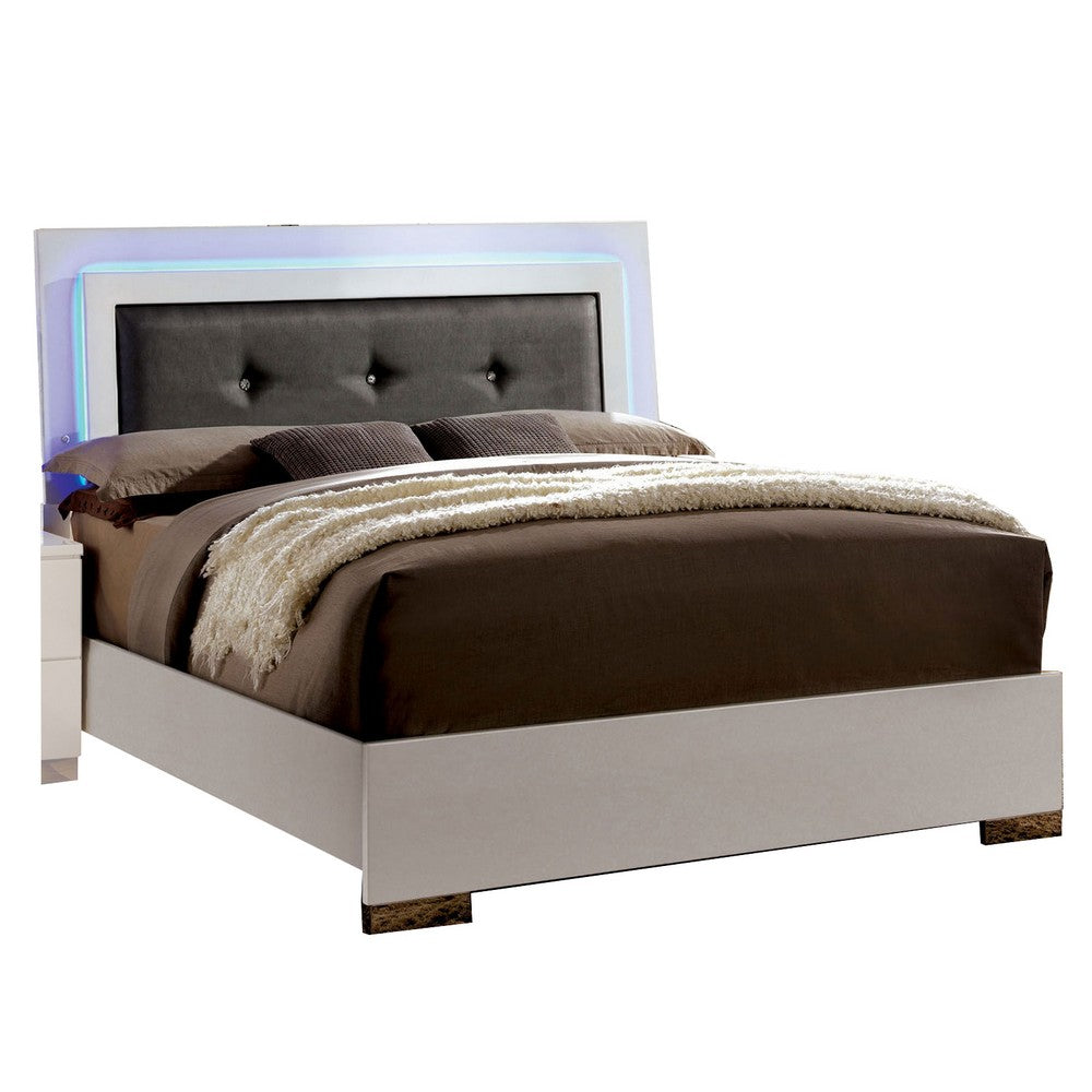 Contemporary Full Bed with LED Trim and Lacquer Coating, White and Gray - BM208951