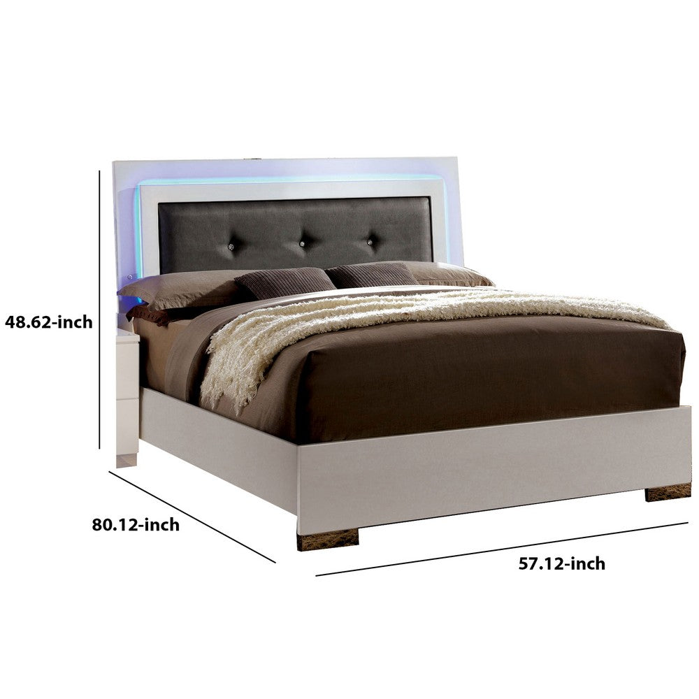 Contemporary Full Bed with LED Trim and Lacquer Coating, White and Gray - BM208951