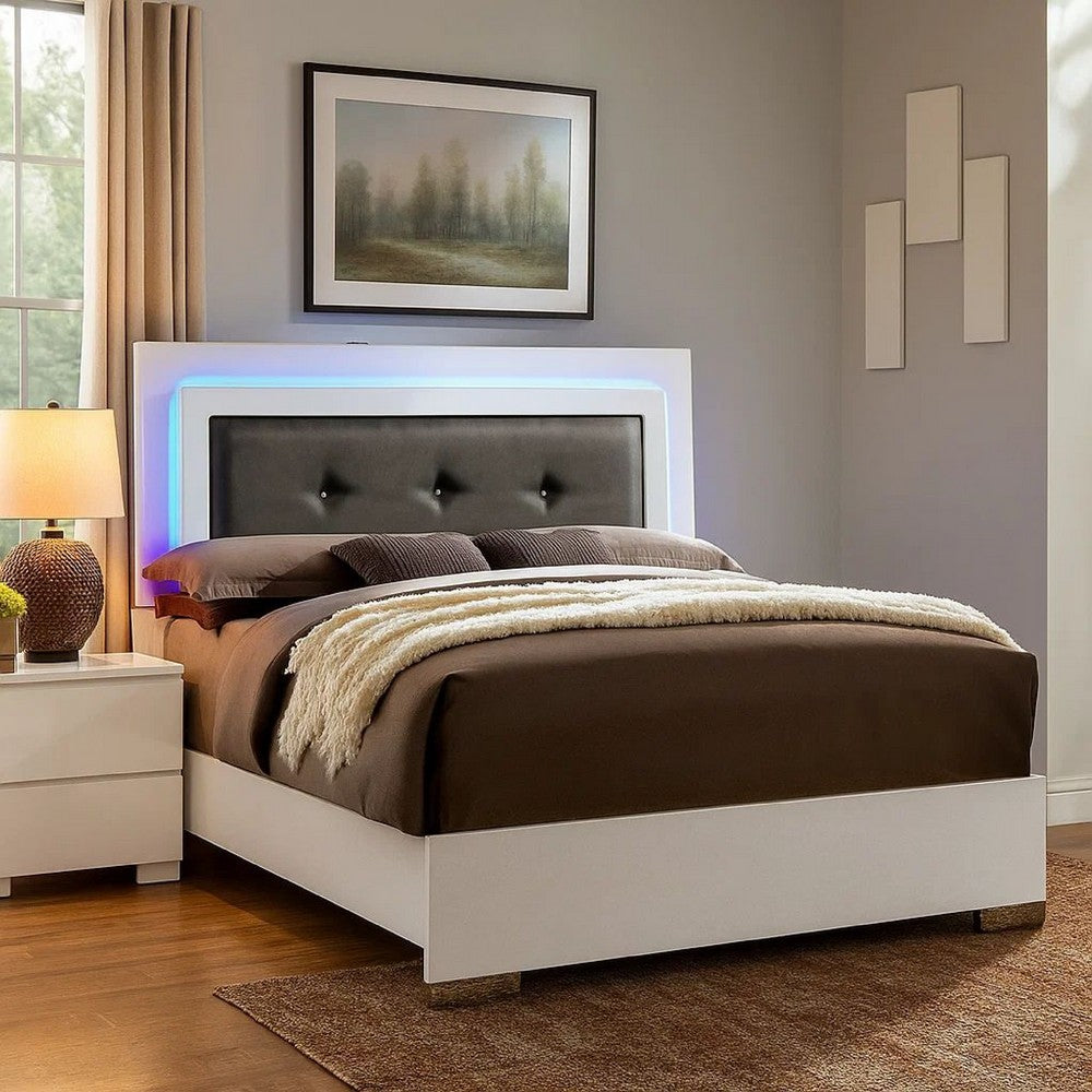 Contemporary Full Bed with LED Trim and Lacquer Coating, White and Gray - BM208951