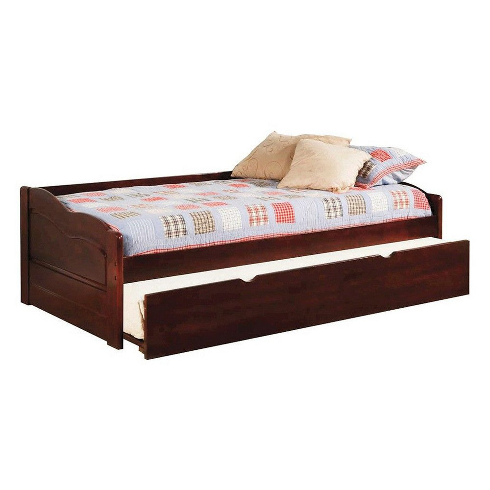 Transitional Wooden Trundle Bed with Bottom Pull Out Bedding, Brown - BM208957