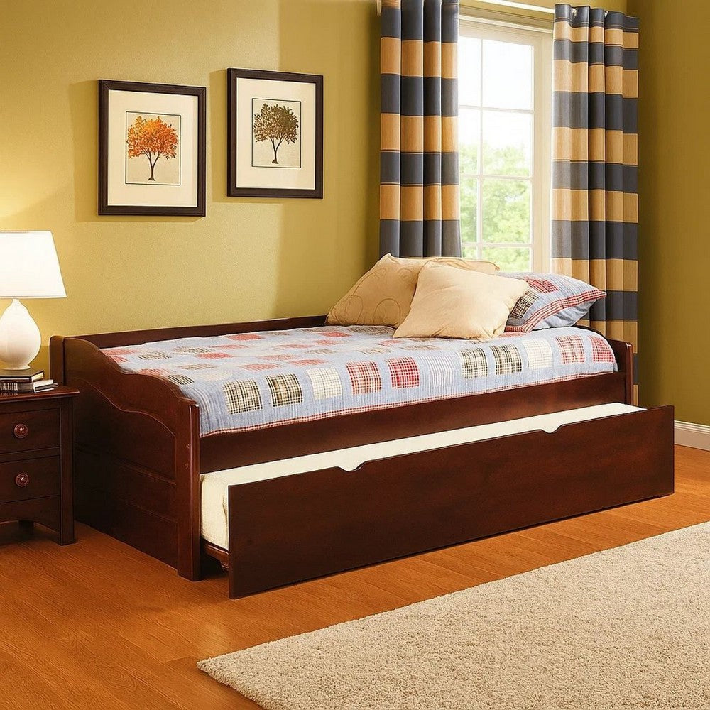 Transitional Wooden Trundle Bed with Bottom Pull Out Bedding, Brown - BM208957