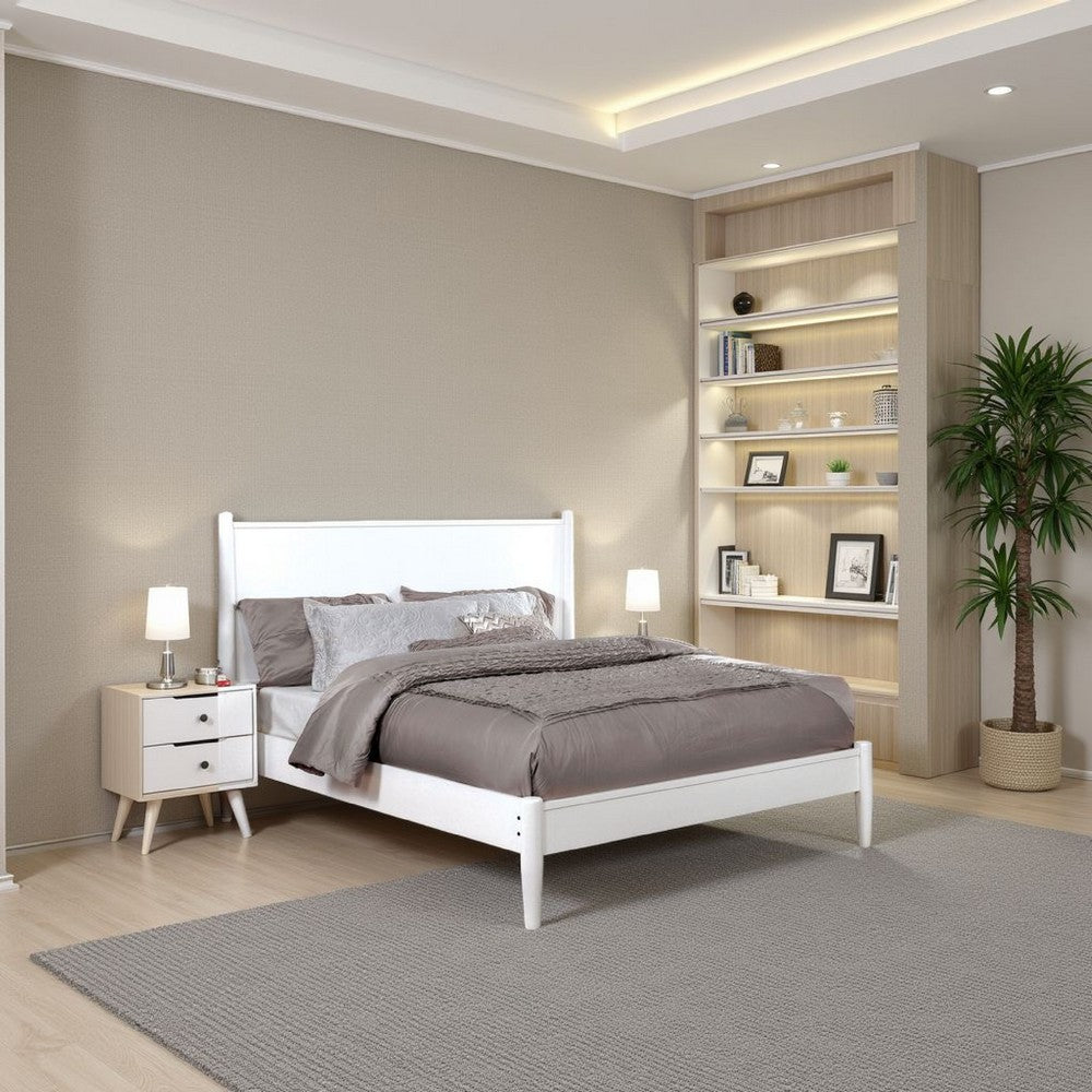 Transitional Wooden Full Bed with Round Tapered Legs and Headboard, White - BM208967