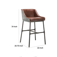 Leatherette Bar Stool with Riveted Metal Backing, Brown and Black - BM209053