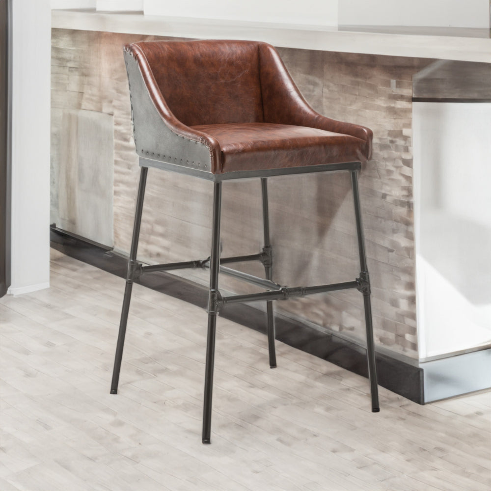 Leatherette Bar Stool with Riveted Metal Backing, Brown and Black - BM209053