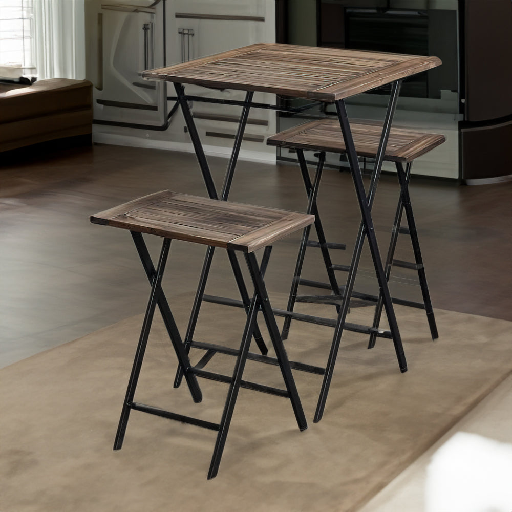 benzara 3 Piece Foldable Wood and Metal Dining Set with X Frame Leg Brown and Black - BM209088