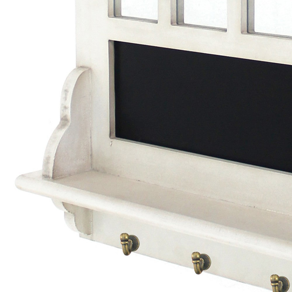 Wooden Wall Shelf with Blackboard and 4 Metal Hooks, White and Black - BM209093