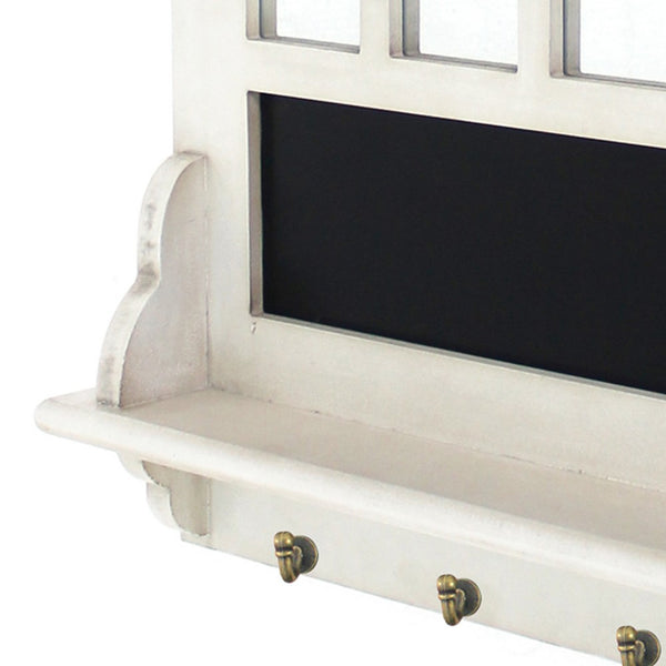 Wooden Wall Shelf with Blackboard and 4 Metal Hooks, White and Black - BM209093