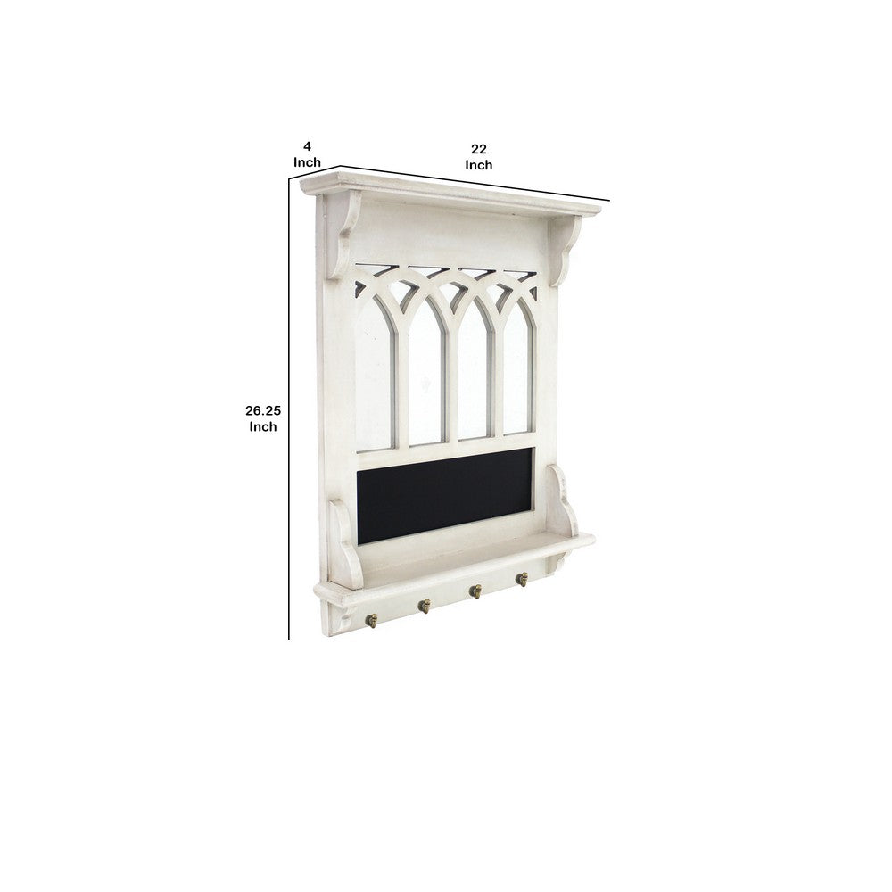 Wooden Wall Shelf with Blackboard and 4 Metal Hooks, White and Black - BM209093