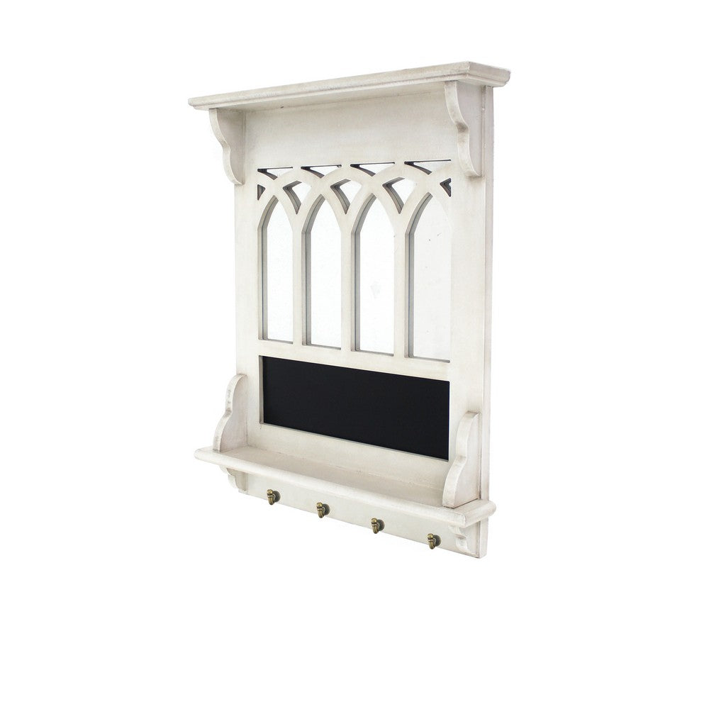 Wooden Wall Shelf with Blackboard and 4 Metal Hooks, White and Black - BM209093