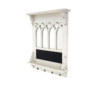 Wooden Wall Shelf with Blackboard and 4 Metal Hooks, White and Black - BM209093