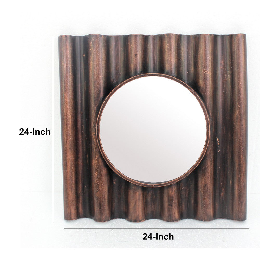 Traditional Style Wooden Round Mirror with Panpipe Style Frame , Brown - BM209096
