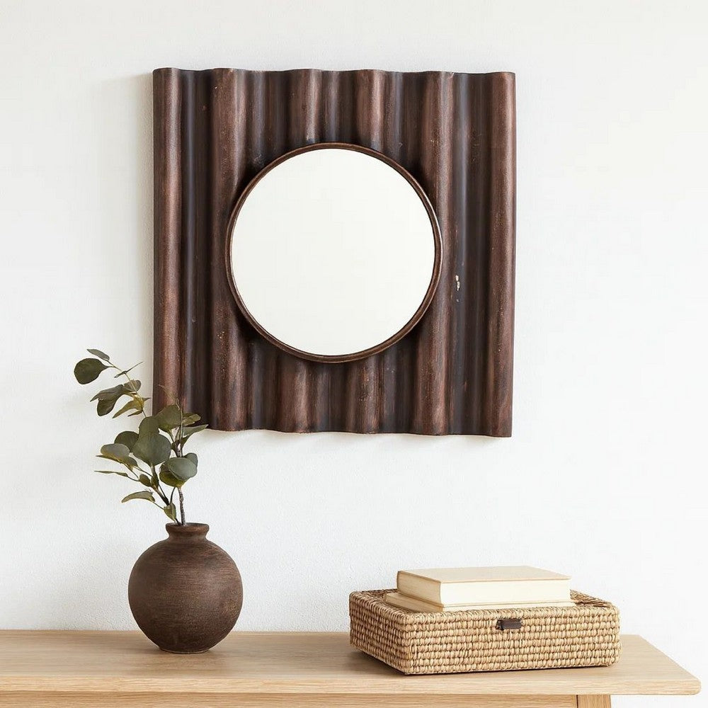 Traditional Style Wooden Round Mirror with Panpipe Style Frame , Brown - BM209096