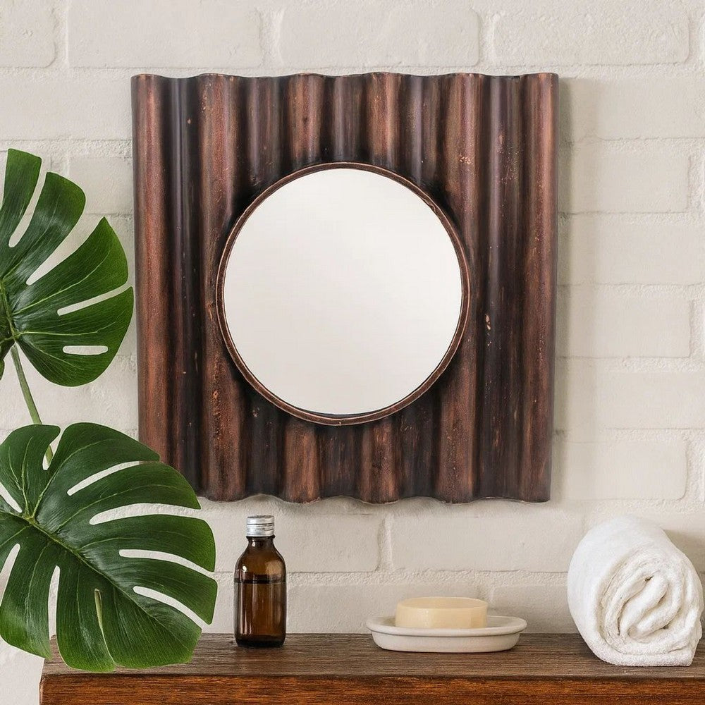 Traditional Style Wooden Round Mirror with Panpipe Style Frame , Brown - BM209096