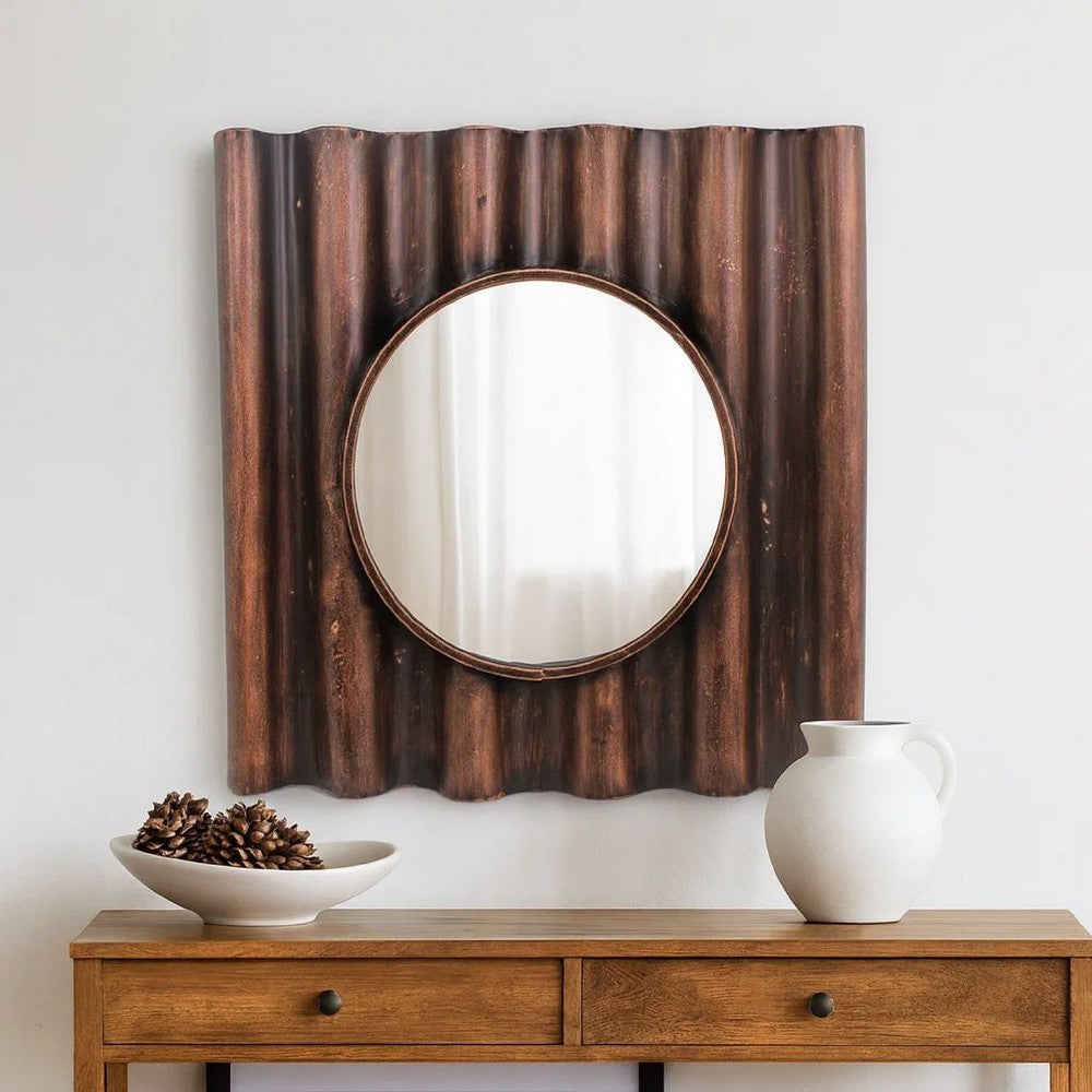 Traditional Style Wooden Round Mirror with Panpipe Style Frame , Brown - BM209096