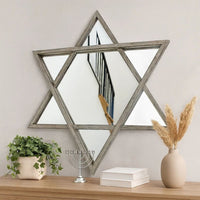 Transitional Wooden Wall Mirror with Hexagram Shape Design, Brown - BM209097