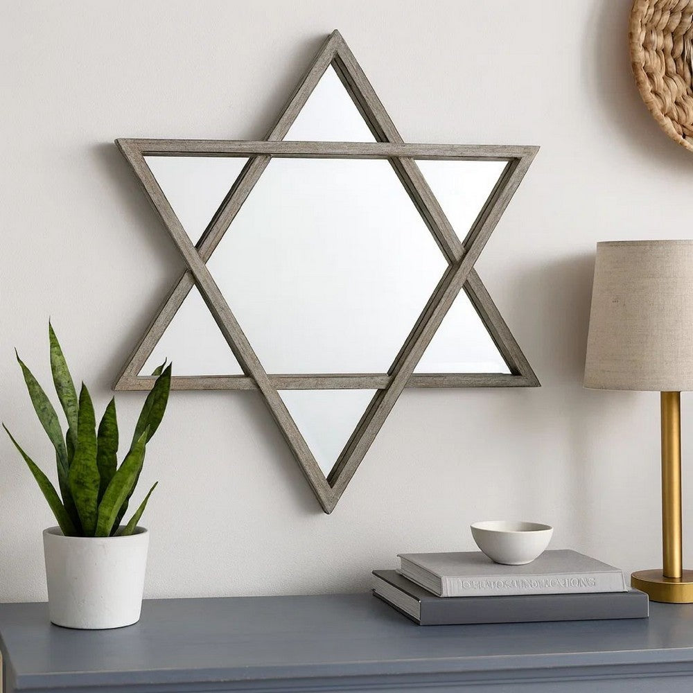 Transitional Wooden Wall Mirror with Hexagram Shape Design, Brown - BM209097