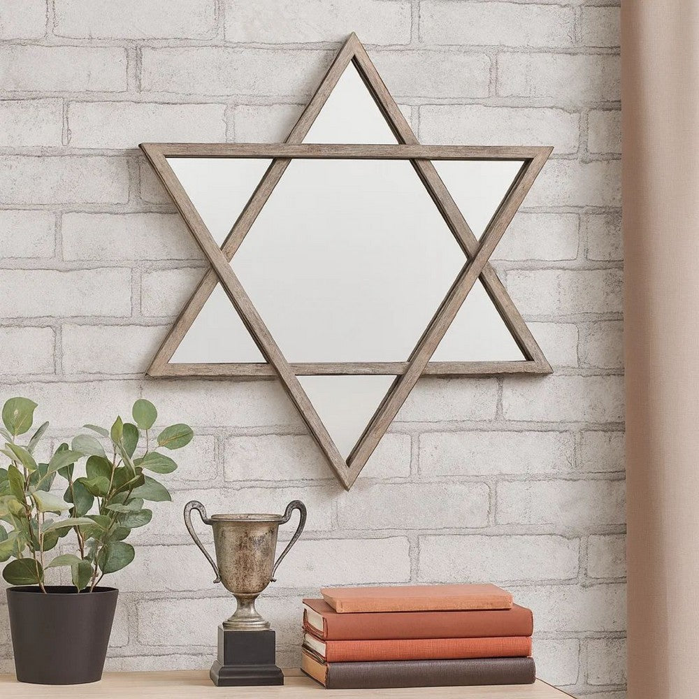 Transitional Wooden Wall Mirror with Hexagram Shape Design, Brown - BM209097