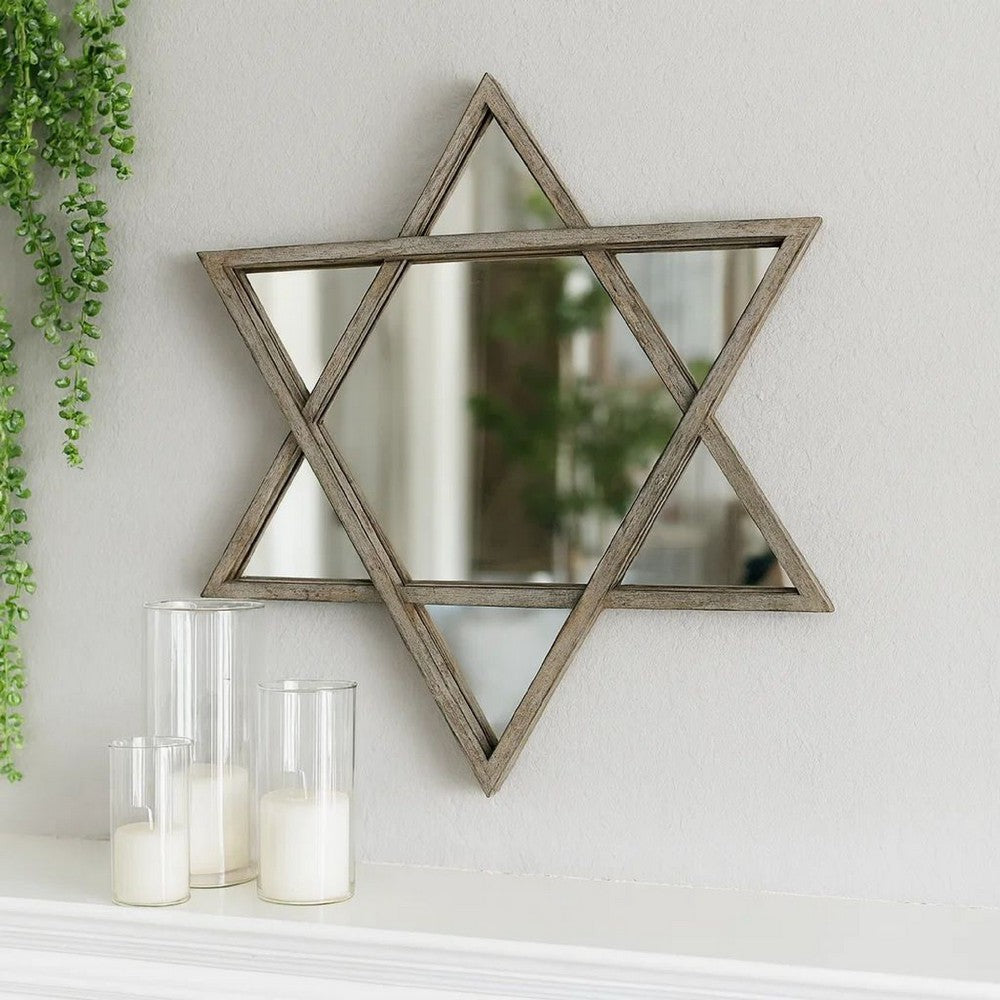 Transitional Wooden Wall Mirror with Hexagram Shape Design, Brown - BM209097