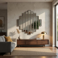 Wooden Wall Mirror with Multiple Framed Sculptures, Silver - BM209098