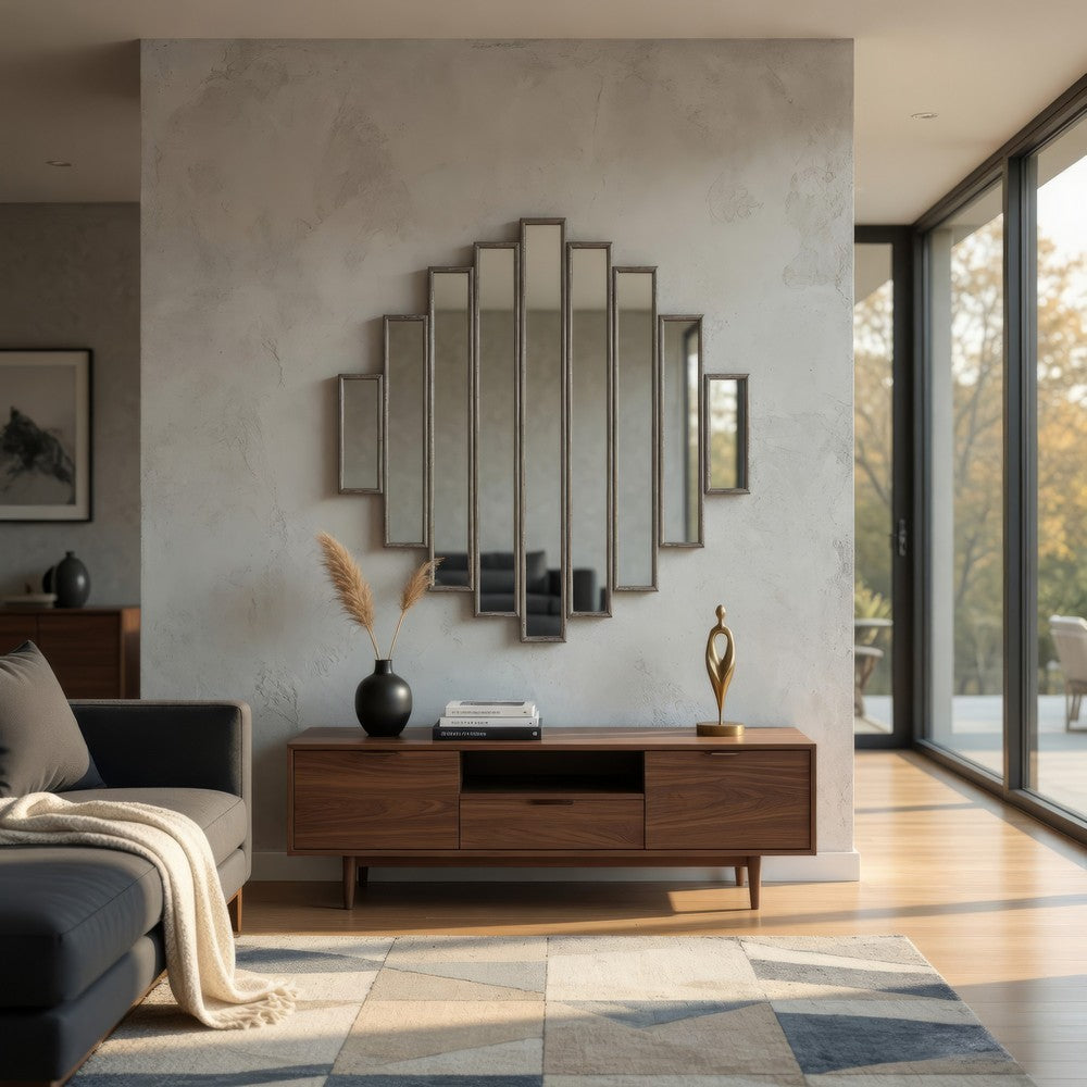 Wooden Wall Mirror with Multiple Framed Sculptures, Silver - BM209098