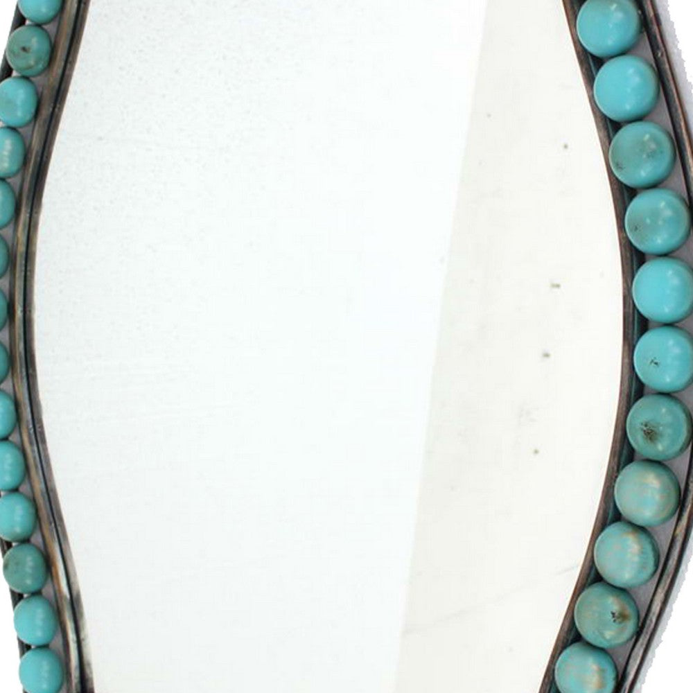 Quatrefoil Shape Metal Wall Mirror with Pearl Accents, Blue and Brown - BM209100