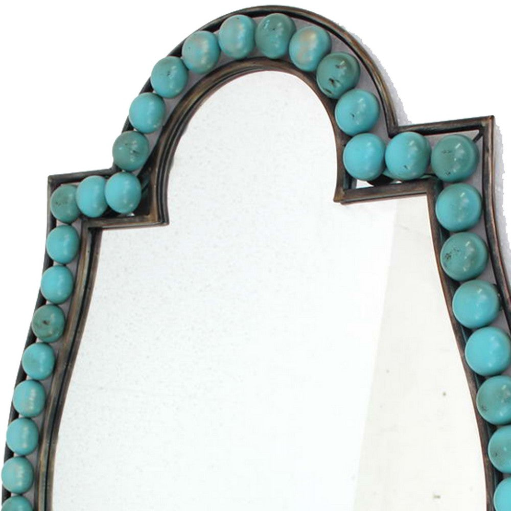 Quatrefoil Shape Metal Wall Mirror with Pearl Accents, Blue and Brown - BM209100