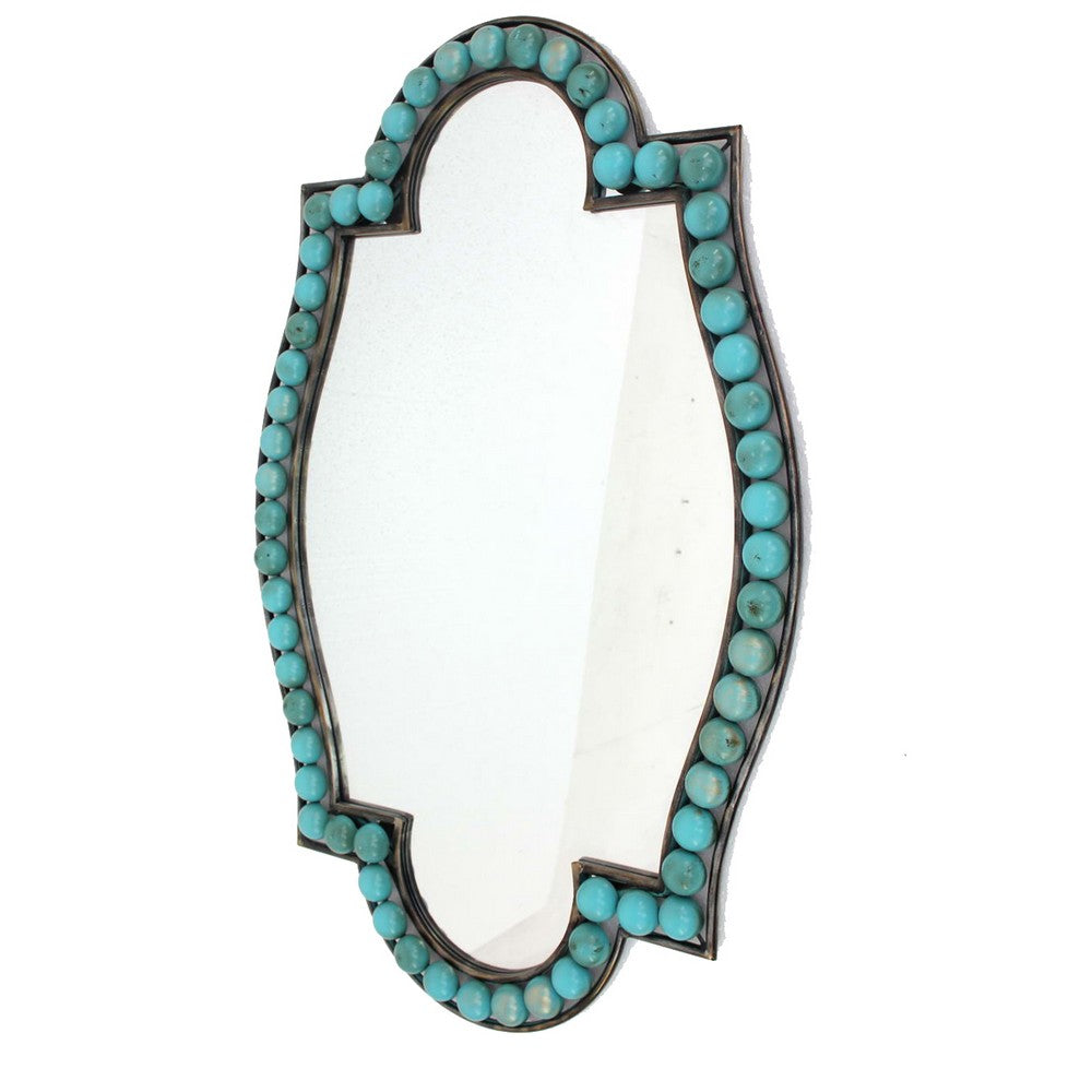 Quatrefoil Shape Metal Wall Mirror with Pearl Accents, Blue and Brown - BM209100
