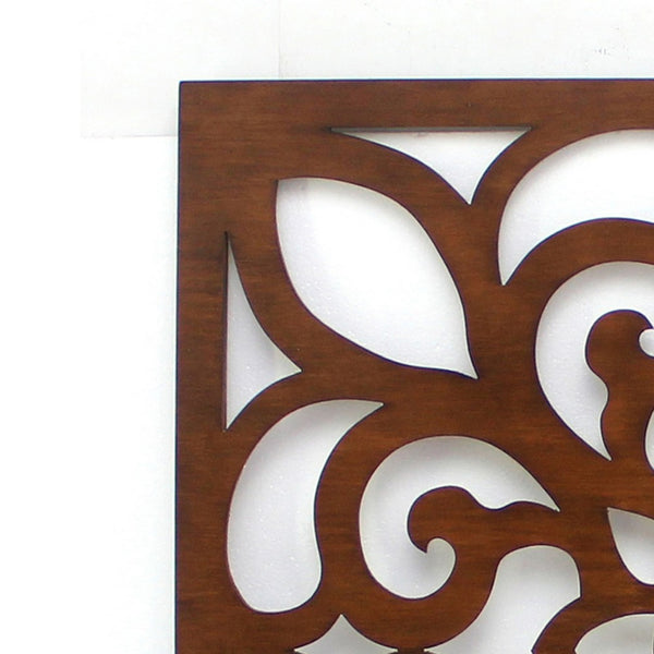 Square Shape Wooden Wall Decor with Floral Sculpture Pattern, Brown - BM209106