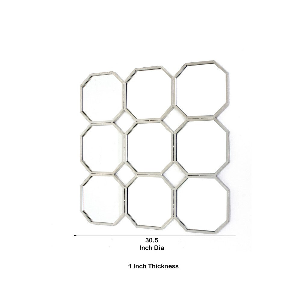 Metal Wall Mirror with Nine Connected Octagonal Mirror Shapes, Silver - BM209108