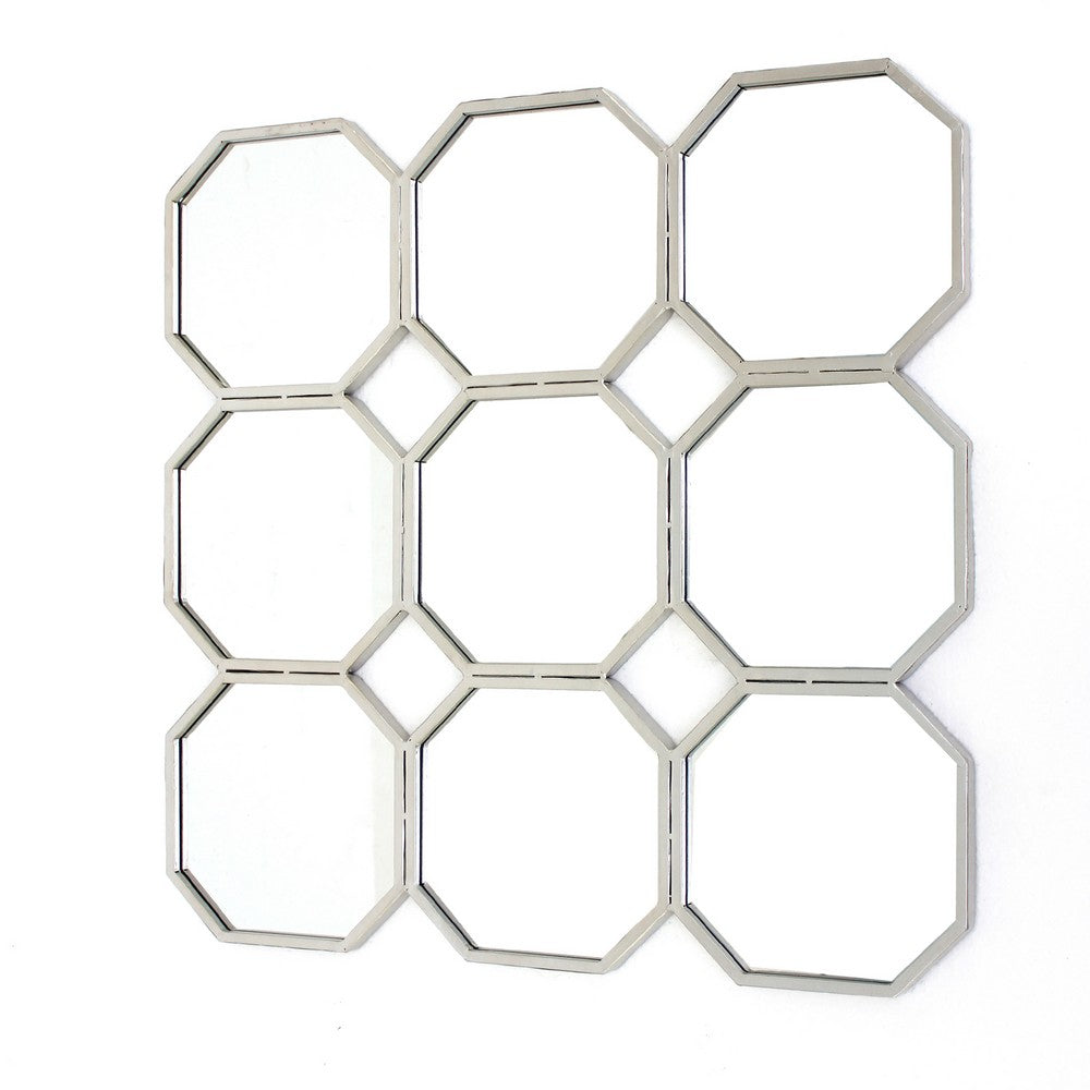 Metal Wall Mirror with Nine Connected Octagonal Mirror Shapes, Silver - BM209108