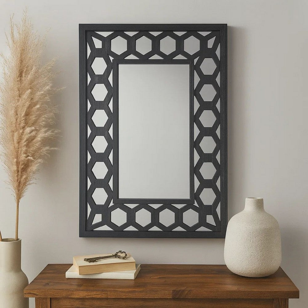 Rectangular Wooden Dressing Mirror with Lattice Pattern Design, Black - BM209114