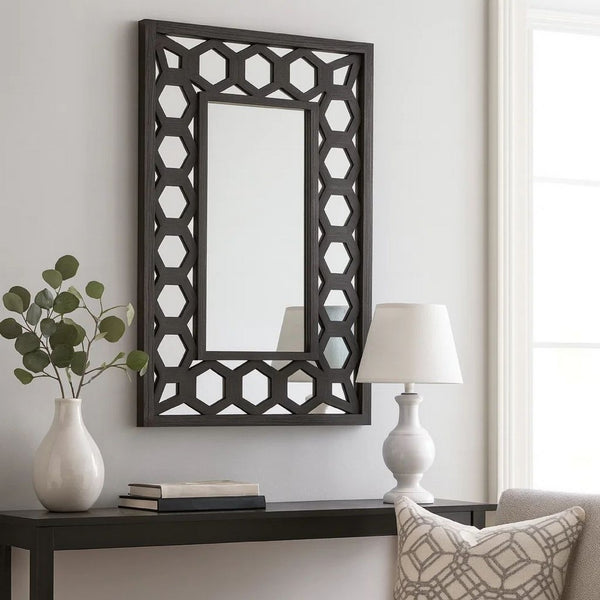 Rectangular Wooden Dressing Mirror with Lattice Pattern Design, Black - BM209114
