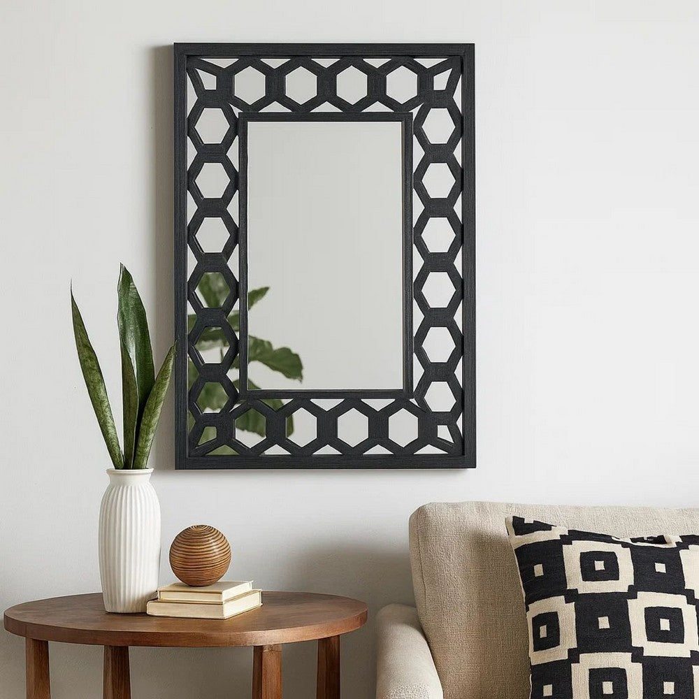 Rectangular Wooden Dressing Mirror with Lattice Pattern Design, Black - BM209114