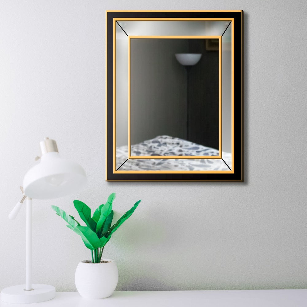 Rectangular Wooden Dressing Mirror with Beveled Edges, Black and Gold - BM209115