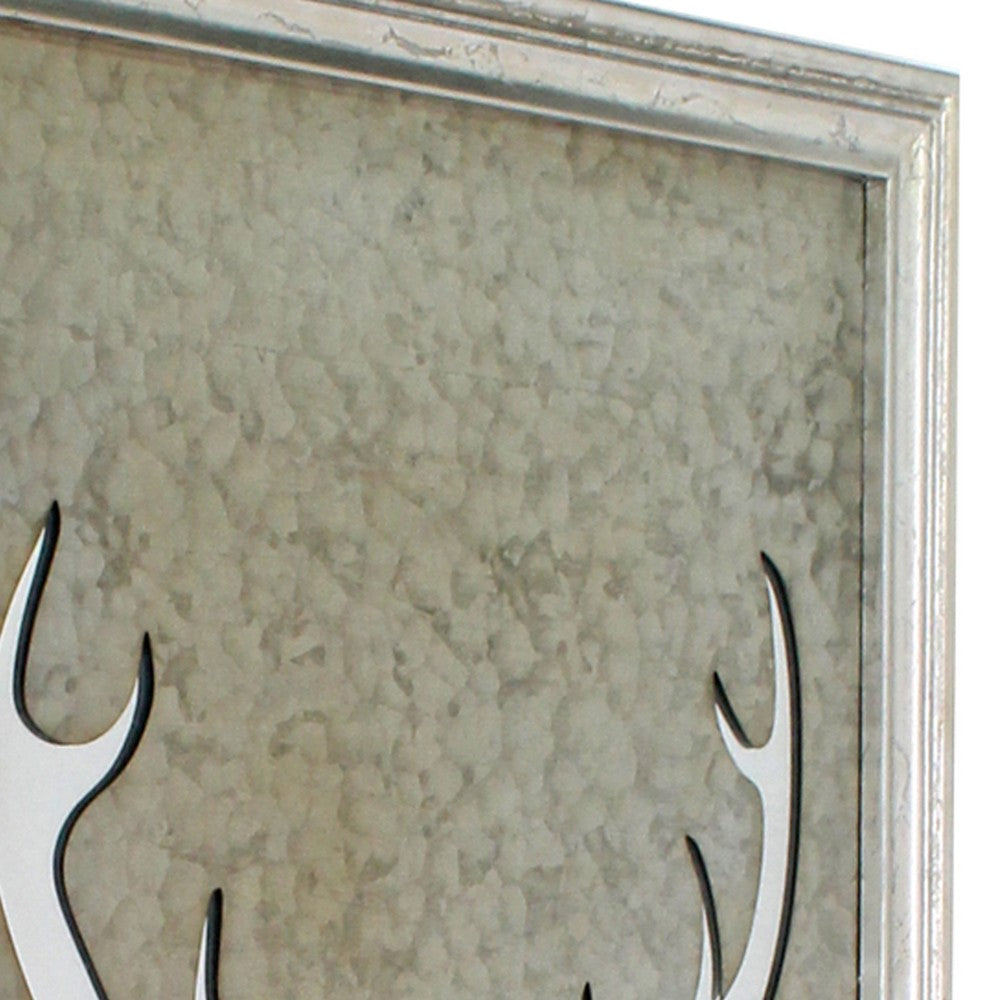 Rectangular Wooden Wall Decor Mirror with Pierced Milu Image, Silver - BM209117