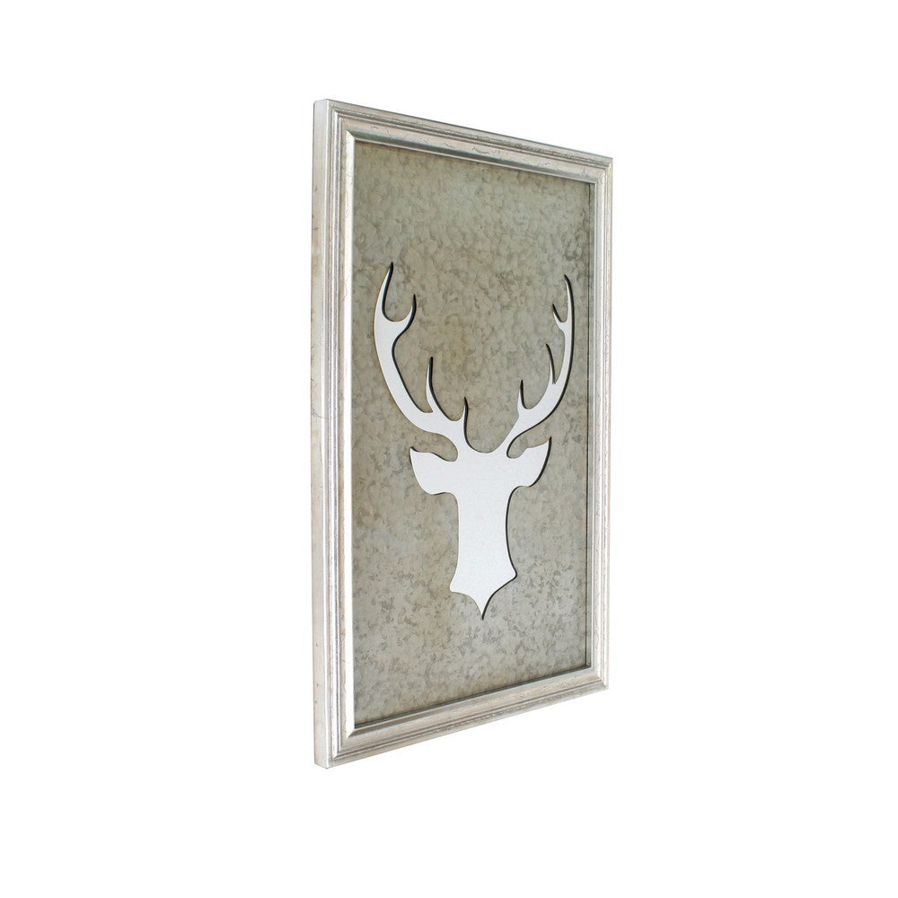 Rectangular Wooden Wall Decor Mirror with Pierced Milu Image, Silver - BM209117