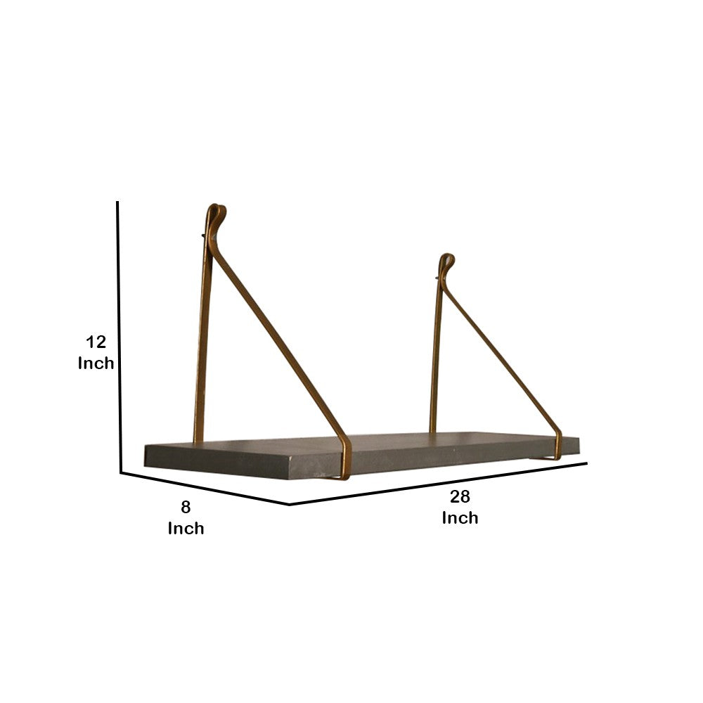 Rectangular Wooden Wall Shelf with Metal Holders, Gray and Gold - BM209118
