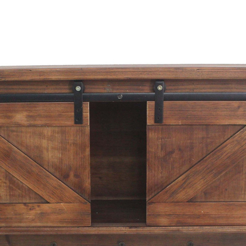 Wooden Wall Storage with 2 Sliding Doors and 5 Metal Hooks, Brown - BM209120
