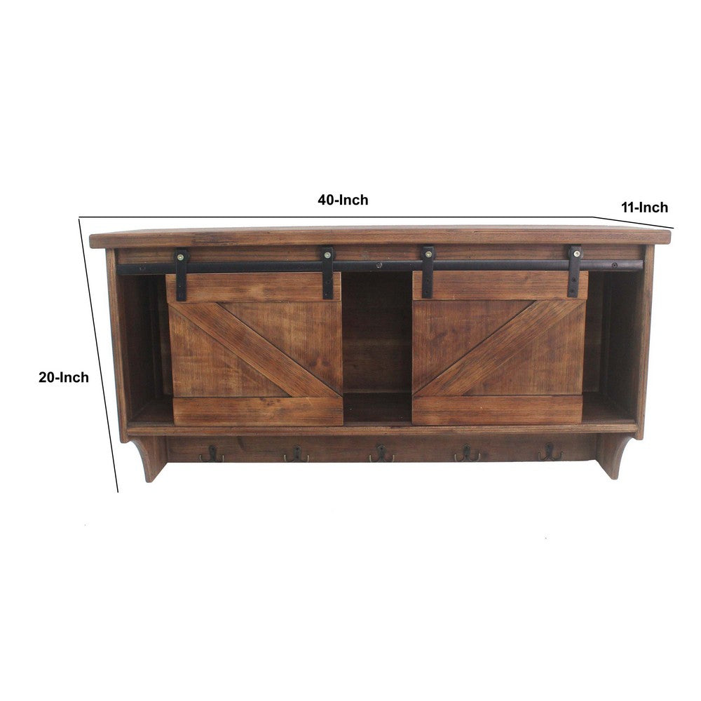 Wooden Wall Storage with 2 Sliding Doors and 5 Metal Hooks, Brown - BM209120