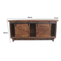 Wooden Wall Storage with 2 Sliding Doors and 5 Metal Hooks, Brown - BM209120