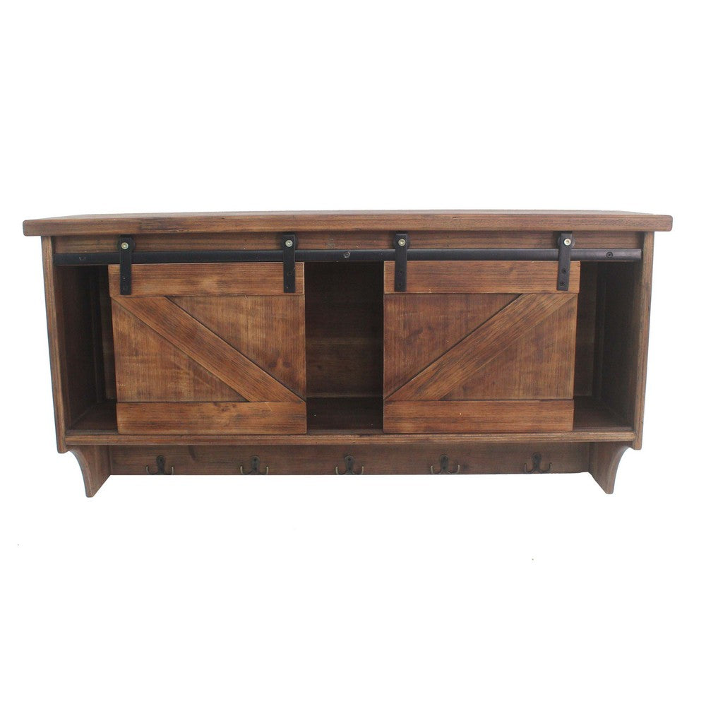 Wooden Wall Storage with 2 Sliding Doors and 5 Metal Hooks, Brown - BM209120