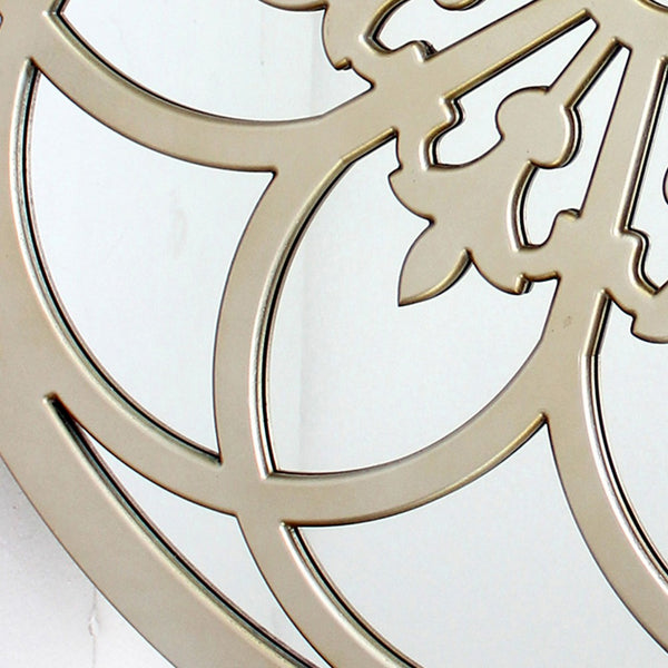 Round Wooden Mirrored Wall Decor with Floral Pattern Accent, Gold - BM209121